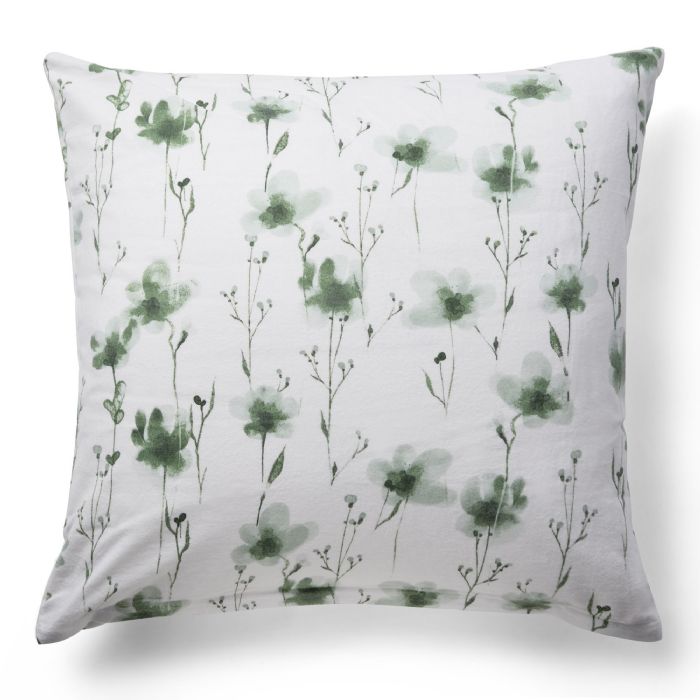 Pudebetræk 60x63 cm - Bomulds flonel - Hvid med grønne blomster