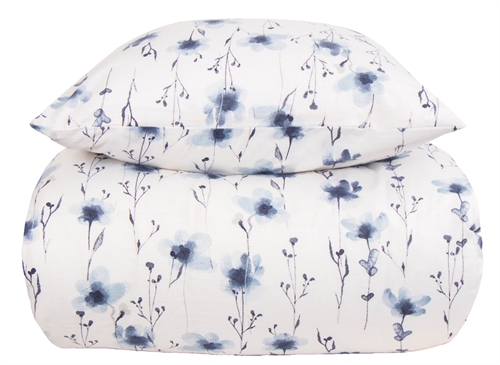 Flonel sengetøj - 150x210 cm - Flower Blue - 100% bomuldsflonel - By Night sengesæt